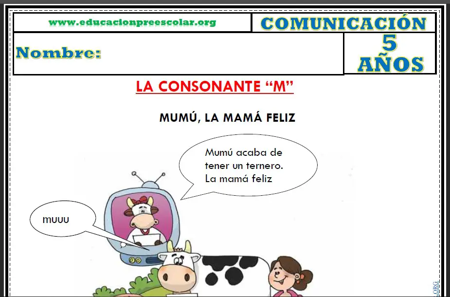 Ficha de la Consonante M Para Niños de Cinco Años