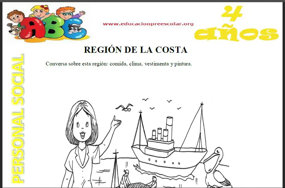 Fichas de La Region de la Costa Para Niños de Cuatro Años